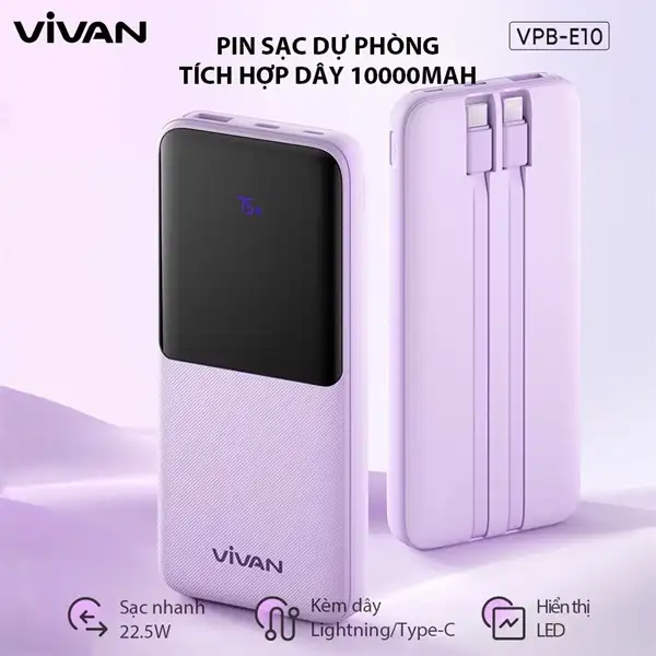 Pin sạc dự phòng 10000mAh kèm dây sạc nhanh 22.5W VIVAN VPB-E10 Hồng (BH12T)