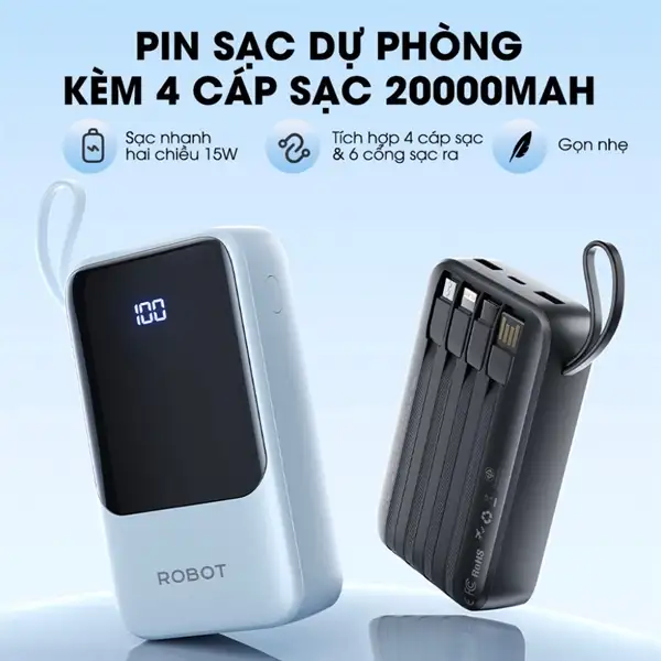 Pin sạc dự phòng 20000mAh kèm 4 dây sạc RT26 Xanh (BH12T)