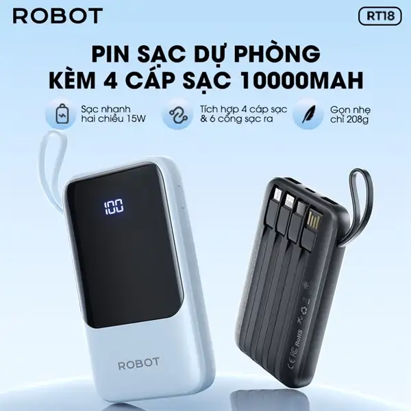 Pin sạc dự phòng 10000mAh tích hợp 4 cáp sạc ROBOT RT18 Xanh (BH12T)