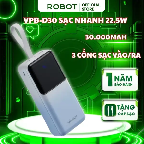Pin sạc dự phòng sạc nhanh 22.5W dung lượng 30000mAh VIVAN Xanh (BH12T)