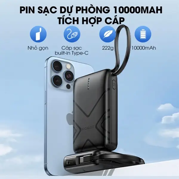 Pin sạc dự phòng 10000mAh tích hợp cáp sạc ROBOT RT17 Đen (BH12T)