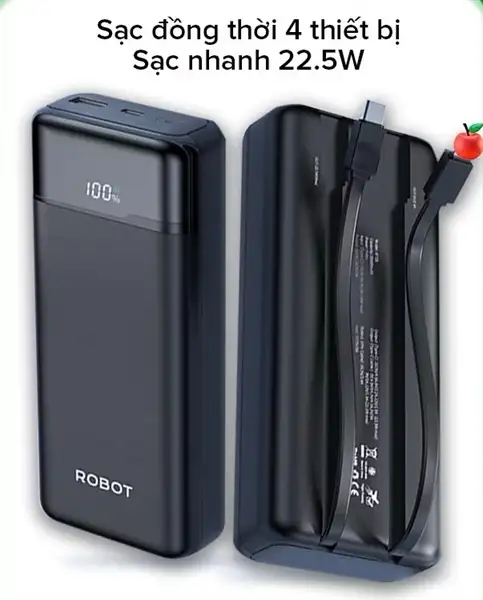 Pin sạc dự phòng Robot RT25 20000mAh tích hợp cáp sạc nhanh 22.5w Đen (BH12T)