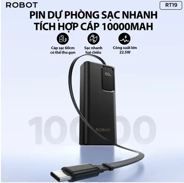 Pin sạc dự phòng sạc nhanh tích hợp cáp 10000mAh ROBOT RT19 Đen (BH12T)